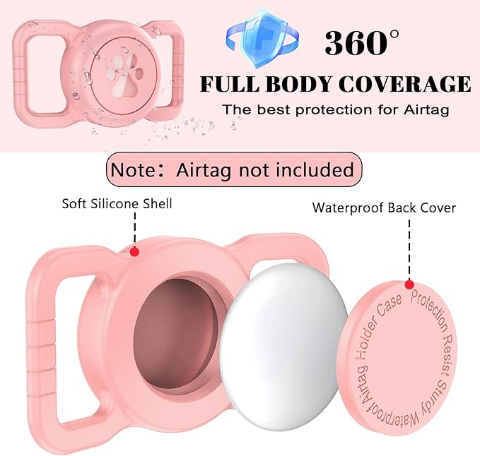 SANKALA Airtag Dog Collar Holder, [1 Pack] Waterproof Airtag Collar Holder for Dog, Silicone Full Body Covered Anti-Lost Protective Apple Airtag Case for Pet Collar - Fits All Width Collars,Pink SANKALA