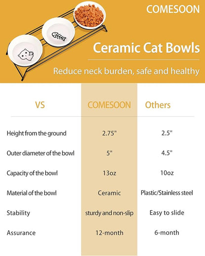 3 Cat Food Bowls Ceramic 13 oz Upgraded with Stainless Steel Stand Non-Slip and Anti-Rust Elevated Raised Cat Bowls for Food and Water, Pet Dishes Bowl for Indoor Cats and Puppy, Dishwasher Safe - PAWPICO