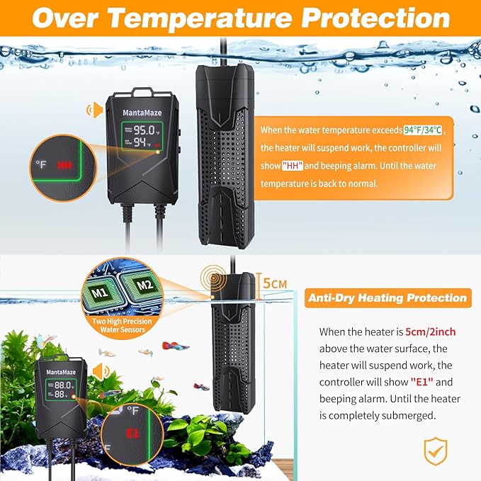 Aquarium Heater 300W/500W/800W/1000W for 20-300 Gal, Fish Tank Heater with Intelligent Leaving Water Automatica Stop Heating and Overheating Protection, for Freshwater & Saltwater MantaMaze