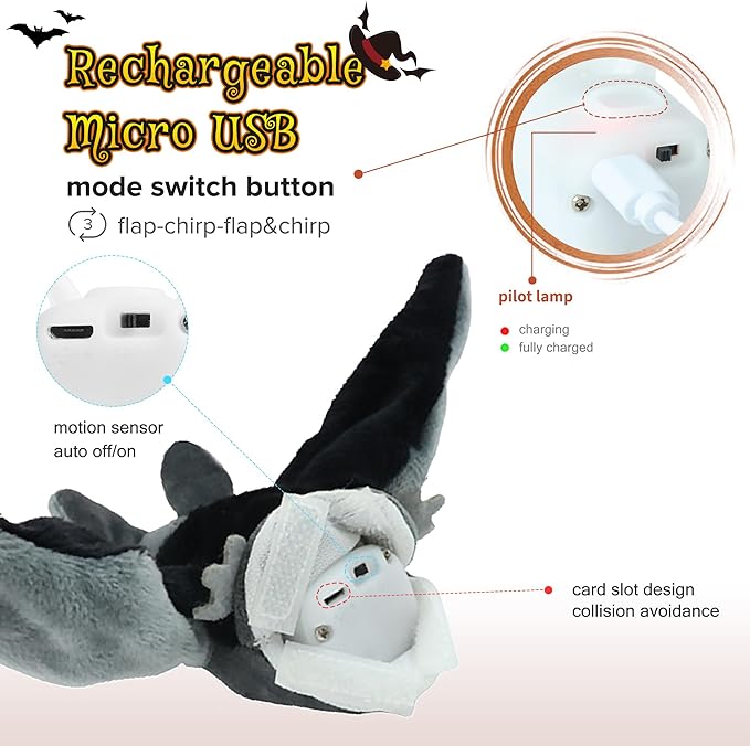LEWISER Cat Toys, Rechargeable Intelligent Flapping Bat, Suitable for Cat Teaser Stick, Halloween Hanging Interactive Cat Toys for Indoor Cats Chase Exercise, Vivid Chirping, 3 Modes - PAWPICO