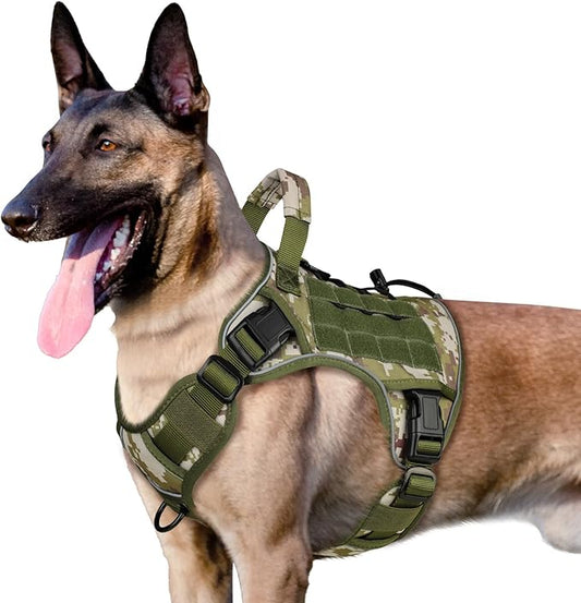 WINGOIN Tactical Dog Harness for Large Dogs, Heavy Duty No Pull Dog Harness with Handle, Adjustable Reflective Military K9 German Shepherd Big Dog Vest for Training, Walking, Hiking, Green Camo (L) WINGOIN