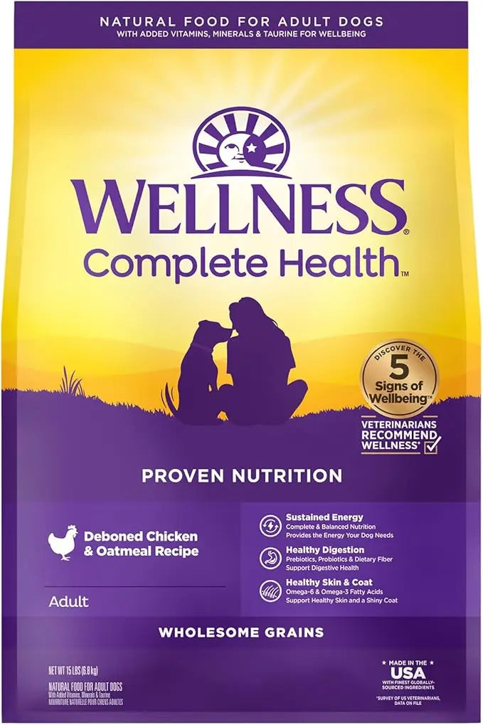 Wellness Complete Health Dry Dog Food with Grains, Natural Ingredients, Made in USA with Real Meat, All Breeds, For Adult Dogs (Chicken & Oatmeal, 15-Pound Bag) - PAWPICO