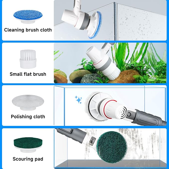AQQA 8-in-1 Aquarium Cleaning Kit Electric Spin Scrubber Glass Cleaner Cordless Rechargeable IPX9 Waterproof Handheld Fish Tank Cleaning Brush Algae Scrapers Cleaning Tools AQQA
