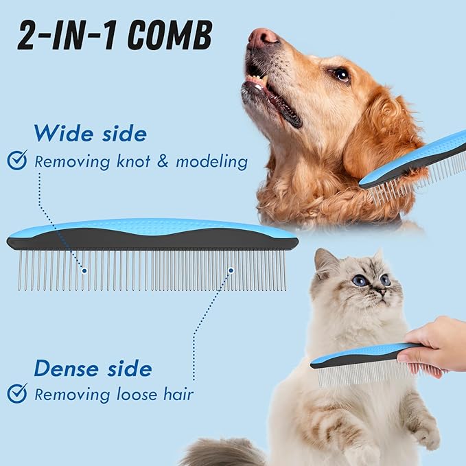 Pet Grooming Combo - Blue Deshedding Brush with Metal Comb for Detangling and Dematting Long, Matted Fur on Cats and Dogs - PAWPICO