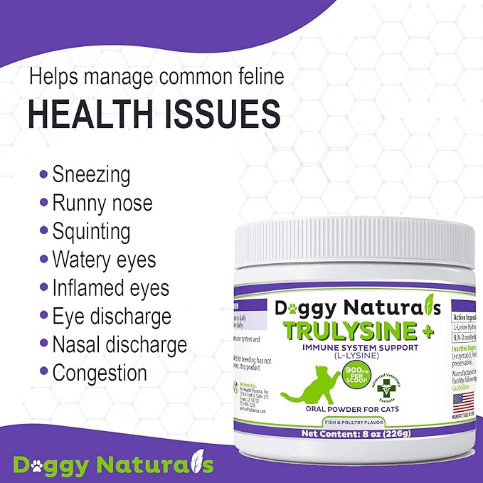 Trulysine Plus L-Lysine for Cats Immune Support Oral Powder 8oz/226g - Cats & Kittens of All Age, Sneezing, Runny Nose Squinting, Watery Eyes-Fish & Poultry Flavor (U.S.A)(225 Grams (900mg / Scoop)) Pet+Health+Pharma