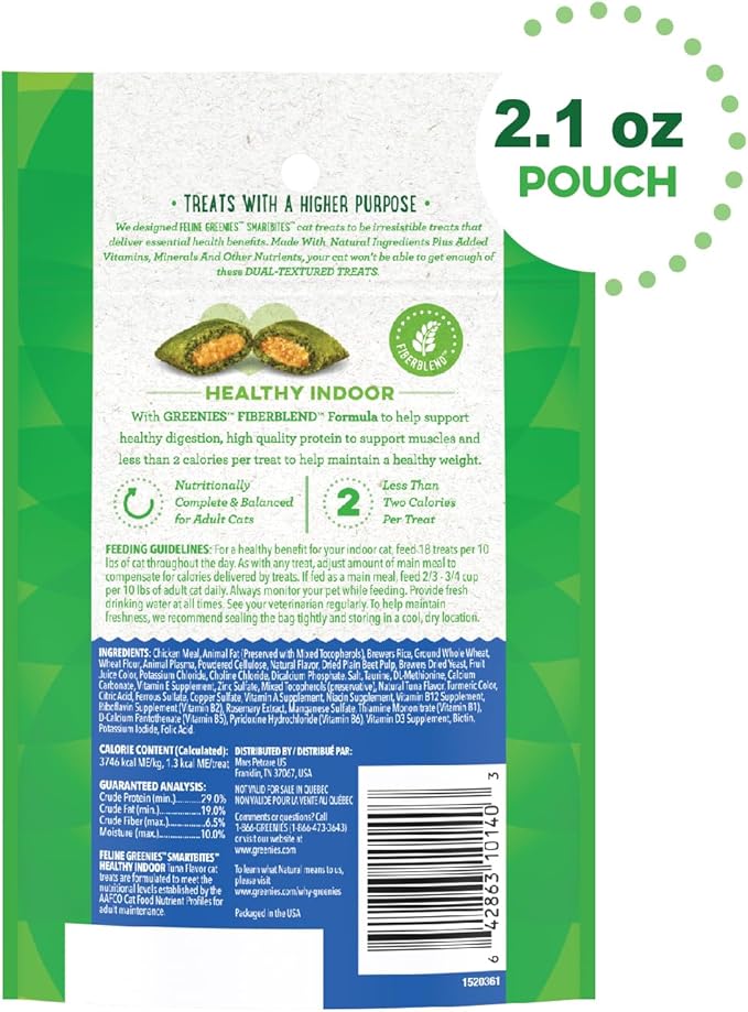 FELINE GREENIES SMARTBITES HEALTHY INDOOR Natural Treats for Cats, Tuna Flavor, 2.1 oz. Pouch GREENIES