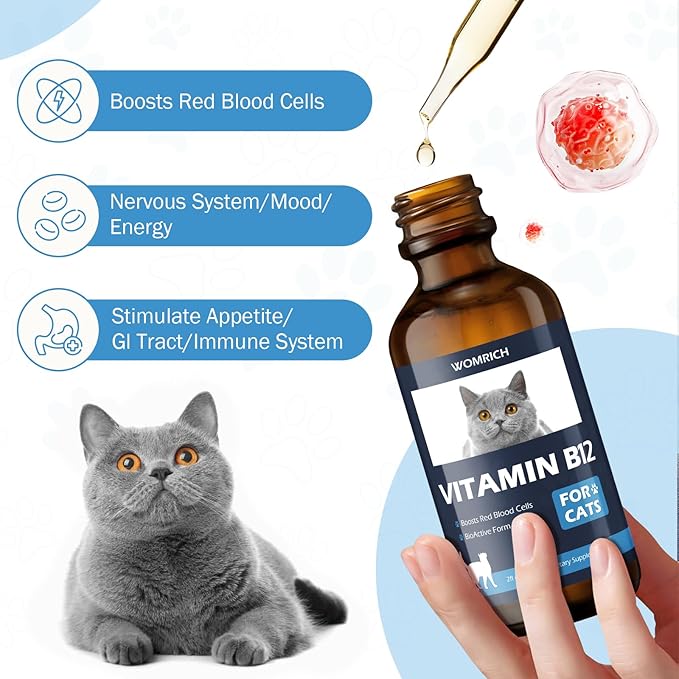 Vitamin B12 for Cats | Methylcobalamin Supplement | Boosts Red Blood Cell Formation, Energy, Nervous System & Appetite, Treats Pancreatitis | 2 fl oz Dropper WOMRICH