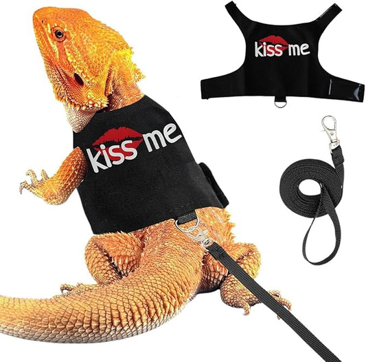Bearded Dragon Harness and Leash Set - Adjustable Lizard Harness with Glow in The Dark Print Outdoor Traction Rope Walking Leash Reptile Halloween Costume Accessories for Small Pets (Black) SEZDEKI