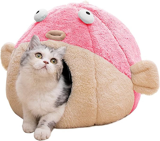 Cat Beds for Indoor Cats - Cat Bed Cave with Removable Washable Cushioned Pillow, Soft Plush Premium Cotton No Deformation Pet Bed, Lively Pufferfish Cat House Design, Pink, Multiple Sizes(M) - PAWPICO