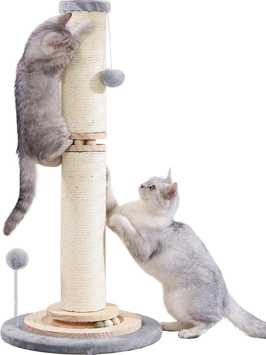 OTOB 32" Tall Cat Scratching Post, 4.3Inch Large Diameter Natural Sisal Rope Scratcher Post for Indoor Large Cats Kittens, 5-in-1 Interactive Turntable Cat Scratch Post (Gray, B-33Inch) - PAWPICO
