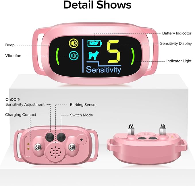 Dog Bark Collar, Rechargeable Smart Collar, Anti Barking Training Collar with 5 Adjustable Sensitivity Beep Vibration, Bark Collar for Large Medium Small Dogs (Pink) FAFAFROG