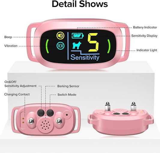 Dog Bark Collar, Rechargeable Smart Collar, Anti Barking Training Collar with 5 Adjustable Sensitivity Beep Vibration, Bark Collar for Large Medium Small Dogs (Pink) FAFAFROG