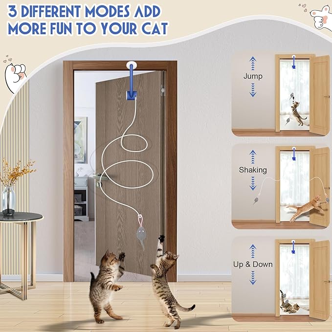 Cat Toy Interactive for Indoor Cats, Smart USB Rechargeable Door Hanging Automatic Retractable Kitten Toys, Teaser Electronic Self Play Feather Cat String Toys Attached with 3 Catnip Mice Blue - PAWPICO