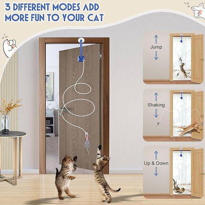 Cat Toy Interactive for Indoor Cats, Smart USB Rechargeable Door Hanging Automatic Retractable Kitten Toys, Teaser Electronic Self Play Feather Cat String Toys Attached with 3 Catnip Mice Blue - PAWPICO