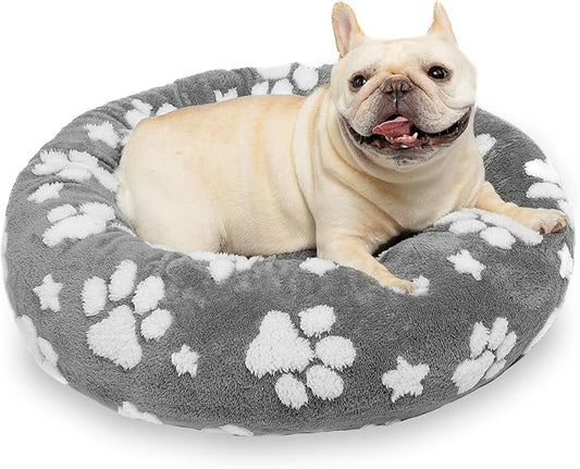 Donut Dog Beds for Small Dogs, Calming Round Cat Beds for Indoor Cats, Cute 3D Textured Paw Pet Bed with Removable Washable Cover and Anti-Slip Bottom（Grey，23"） - PAWPICO