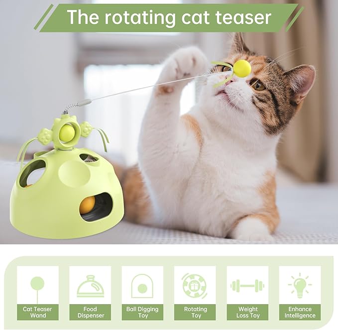 Interactive cat Toys for Indoor Cats, 4 in 1 cat self Moving Toy,Kitten Wand Toy, Spinning Toy, Slow Food Dispenser Feeder Treat Dispensing Feeding pet Supplies Gift (Green) - PAWPICO