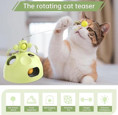 Interactive cat Toys for Indoor Cats, 4 in 1 cat self Moving Toy,Kitten Wand Toy, Spinning Toy, Slow Food Dispenser Feeder Treat Dispensing Feeding pet Supplies Gift (Green) - PAWPICO