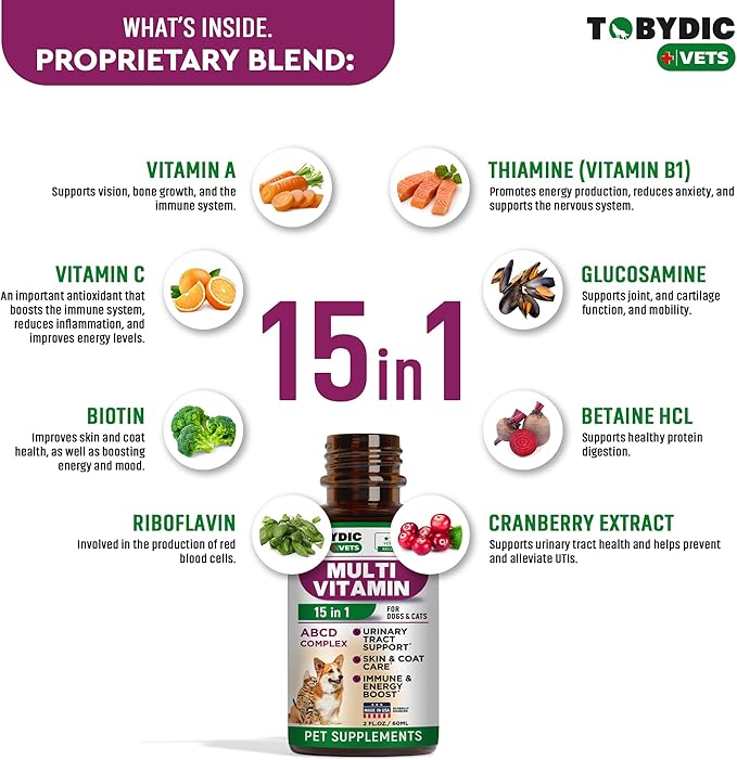Cat & Dog Multivitamin -15 in 1 Pet Supplements with Cranberry & Glucosamine - Natural Medicine & Support for UTI, Urinary Tract, Bladder, Kidney, Skin Coat, Joints Treatment Made in USA TOBYDIC