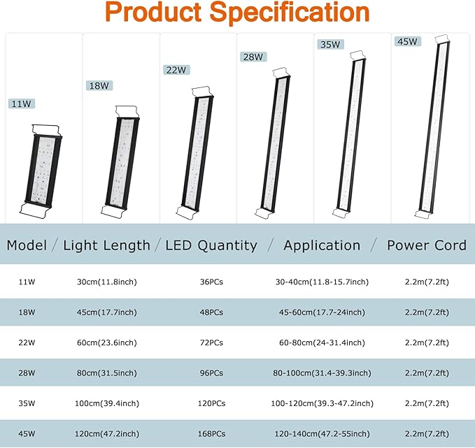 AQQA Fish Tank Light for Plants Aquarium Light with Timer 14 Colors Adjustable Full Spectrum LED Fish Light Waterproof Dimmable Light for Fish Tank 47-55 Inch (45W) AQQA