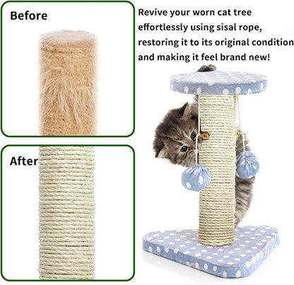 Natural Sisal Rope 1/4 Inch 32-Feet for Cat Tree Tower Repair and Replace Scratching Post, DIY Hemp Twine Rope for Cat Scratching Furniture Window Perch and Crafts Gardening Home Decorating - PAWPICO