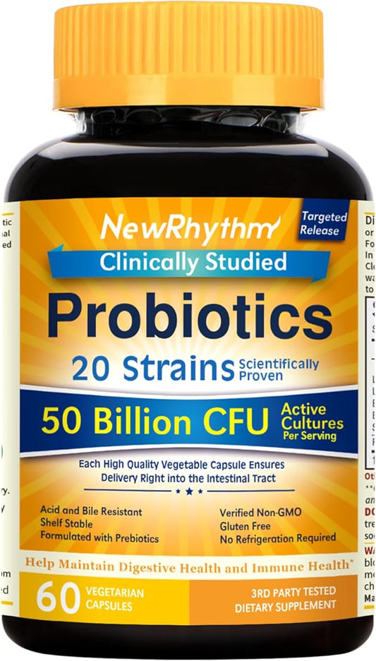 NewRhythm Probiotics 50 Billion CFU 20 Strains, 60 Veggie Capsules, Targeted Release Technology, Stomach Acid Resistant, No Need for Refrigeration, Non-GMO, Gluten Free NewRhythm