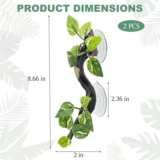 Fhiny Snake Climbing Branch, 2 PCS Resin Reptile Branches for Climbing with Suction Cups Frog Terrarium Plants Reptile Tank Decor Accessories for Frog Corn Snake Lizard Bearded Dragon Gecko Fhiny