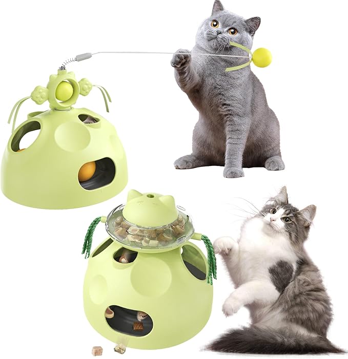 Interactive cat Toys for Indoor Cats, 4 in 1 cat self Moving Toy,Kitten Wand Toy, Spinning Toy, Slow Food Dispenser Feeder Treat Dispensing Feeding pet Supplies Gift (Green) - PAWPICO