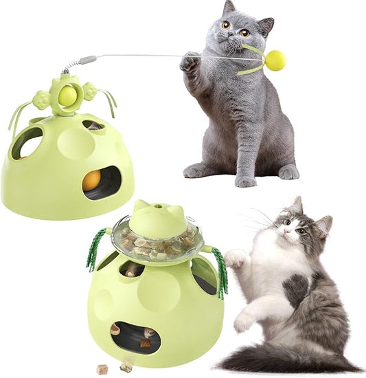 Interactive cat Toys for Indoor Cats, 4 in 1 cat self Moving Toy,Kitten Wand Toy, Spinning Toy, Slow Food Dispenser Feeder Treat Dispensing Feeding pet Supplies Gift (Green) - PAWPICO