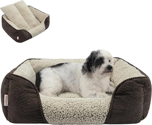 Miguel Washable Dog Bed with Removable Cushion for Medium Small Dogs, Easy to Wash Pet Sofa Bed with Side, Rectangle Bolster Cat Bed Calming Cuddle Puppy Bed with Anti-Slip Bottom, Brown 25 Inch - PAWPICO