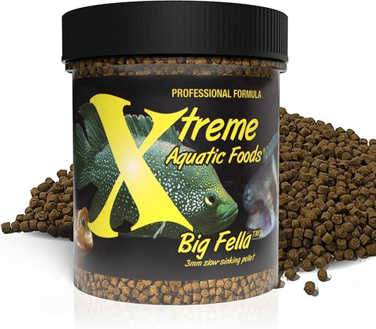Xtreme Big Fella 3.0mm Pellets: Professional Nutrition for Medium to Large Cichlid/Community Fish - Boost Immune & Digestive Health, Color & Energy, Max Protein Fish Food – USA Farm Grown (2.5oz) XtremeAquaticFoods