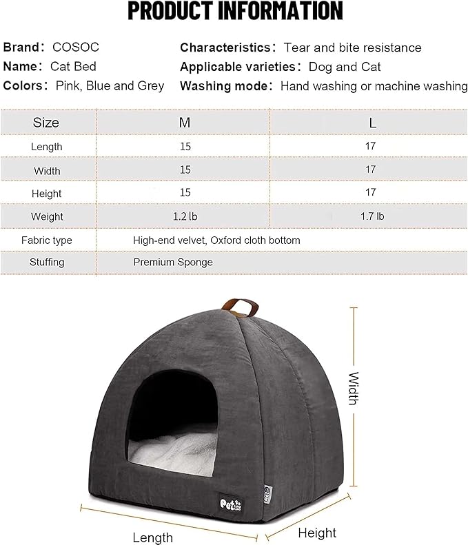Cat Bed for Indoor Cats -Premium Pet Beds for Cats and Small Dogs, Cat Bed Cave, Comfortable Covered Cat Bed, Cat Tent, Kitten Bed, Small Animal Bed and Cat Hut with Cushioned Pillow (Medium, Grey) - PAWPICO