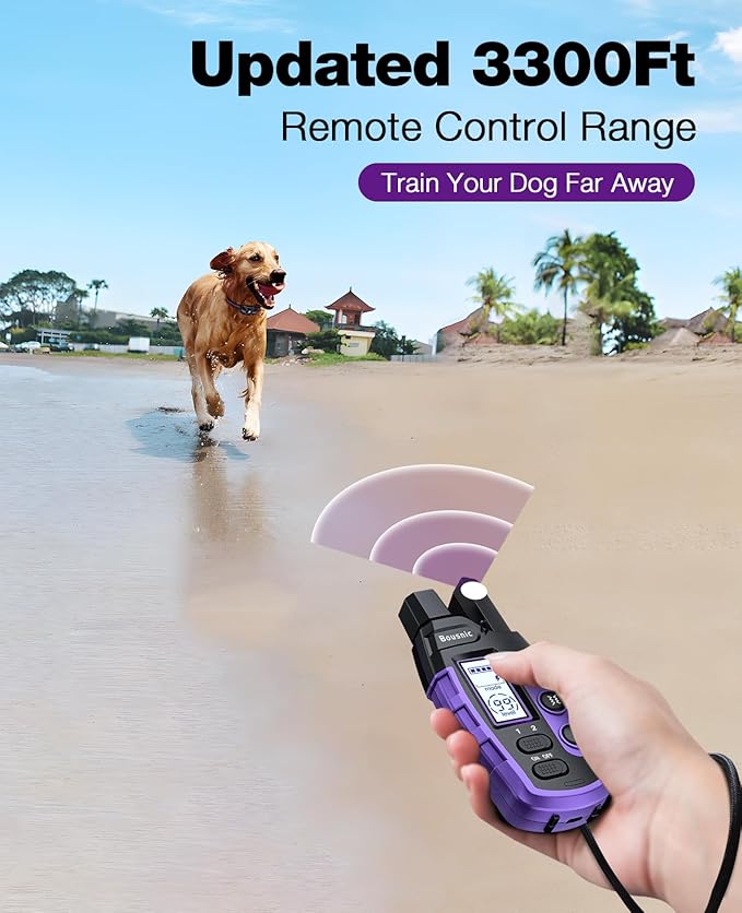 Bousnic Dog Shock Collar - 3300Ft Training Collar with Remote for 5-120lbs Small Medium Large Dogs Rechargeable Waterproof e Collar with Beep (1-8), Shake(1-16), Safe Shock(1-99) Modes (Lightpurple) BOUSNIC
