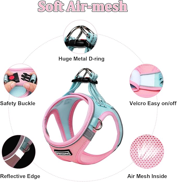 Mercano Soft Mesh Dog Harness and Leash Set, No-Chock Step-in Reflective Breathable Lightweight Easy Walk Escape Proof Vest Harnesses with Safety Buckle for Small Medium Dogs, Cats (M, Pink Blue) PAWPICO