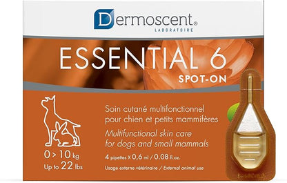 Dermoscent Essential 6 spot-on - Dog Skin Care for Dandruff & Allergy Relief with Vitamin E Oil - Anti Itch for Dogs - Dog & Small Mammals 0-10 kg - 4 Pipettes of 0.6 ml Dermoscent