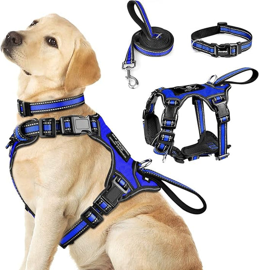 WINSEE Pet Harness Collar and Leash Set, All-in-one Reflective Dog Harness No Pull with Adjustable Buckles for Puppies, Small, Medium, Large, and Extra-Large Dogs (Large, Dark Blue) - PAWPICO
