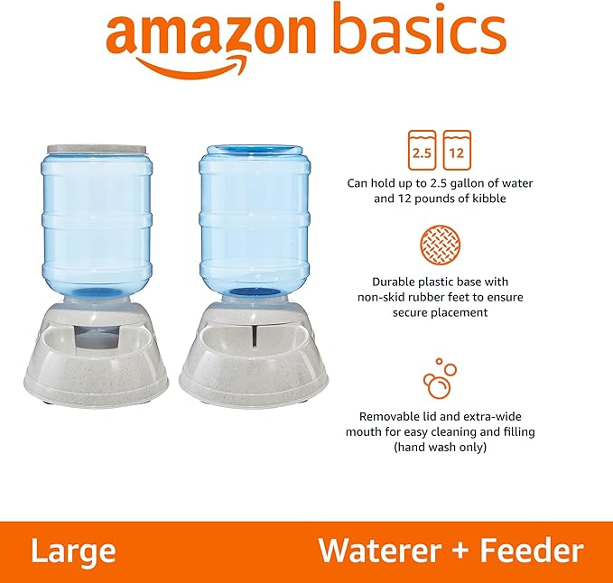 Amazon Basics Automatic Dog Cat Water Dispenser Gravity Feeder and Waterer Set, Large, 12-Pound Food Capacity, 2.5-Gallon, Gray - PAWPICO
