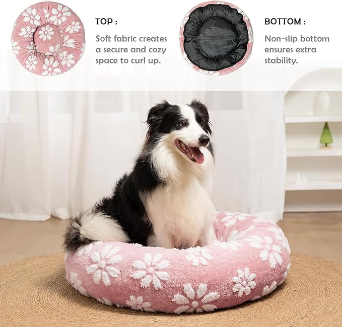 Donut Dog Beds for Medium Dogs, Calming Round Cat Beds for Indoor Cats, Cute 3D Textured Flower Pet Bed with Removable Washable Cover and Anti-Slip Bottom（Pink，30"） - PAWPICO