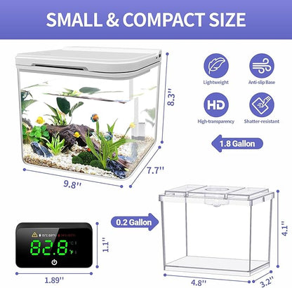 Small Fish Tank Kit, 1.8-Gal Aquarium Kit with Digital Thermometer and Temporary Tank, Self-Cleaning & 18 LED Lights, Lightweight & Shatter-Resistant Betta Fish Tank (White) Moonorange