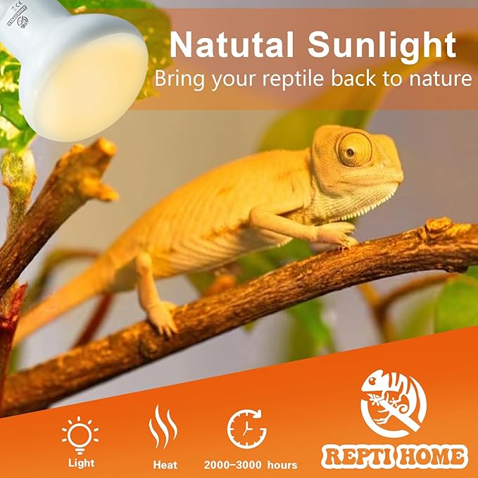 Reptile Heat Lamp Bulbs, Simulate Natural Sunlight Heat Light Bulb, 2 Pack 50W Amphibian Terrarium Basking Spot Lamp for Reptile, Bearded Dragon, Lizard, Turtle, Snake REPTIHOME
