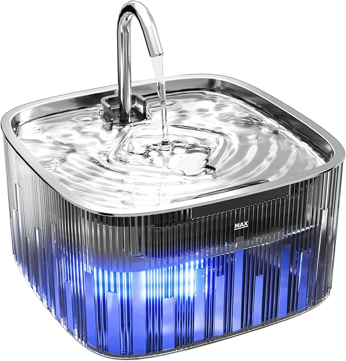 Cat Water Fountain: 75oz/2.2L Automatic Pet Water Dispenser for Cats with 304 Stainless Steel Water Tray & Faucet, Musical Wave Design with LED Indicator Pet Water Fountain for Cats Inside - PAWPICO