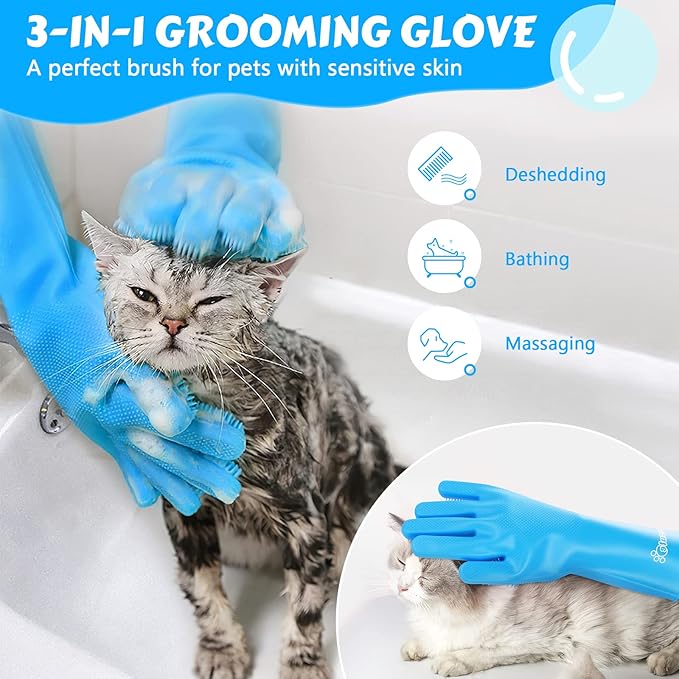 Pecute Pet Grooming Gloves Large, Heat Resistant Cat Bathing Gloves with High-Density Teeth, Silicone Dog Bathing Gloves with Enhanced Five Finger Design, for Washing, Bathing, and Massaging - PAWPICO