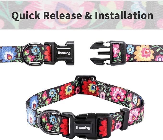 Ihoming Dog Collar and Leash Set for Daily Outdoor Walking Running Training, Black Colorful Flowers Design for Medium Boys Girls Dogs Cats Pets, M-Up to 45LBS Ihoming