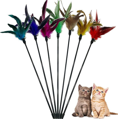 Cat Wand Toy Feather Stick Cat Toys, 7 PCS Cat Feathers Toy Wand, Interactive Cat Toy Feather Wand for Indoor Cats - PAWPICO