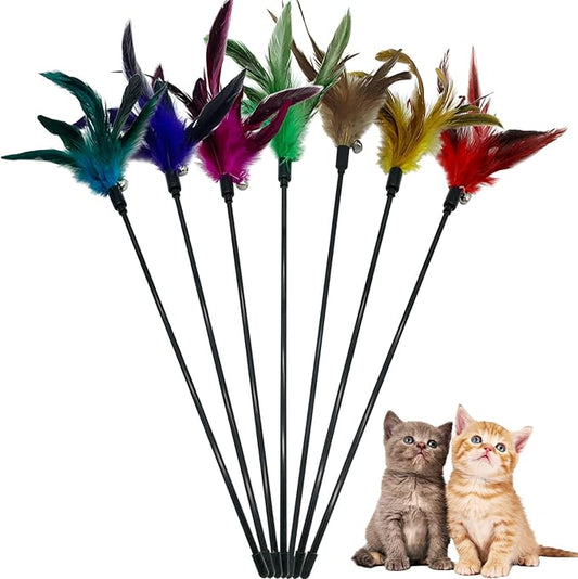 Cat Wand Toy Feather Stick Cat Toys, 7 PCS Cat Feathers Toy Wand, Interactive Cat Toy Feather Wand for Indoor Cats - PAWPICO