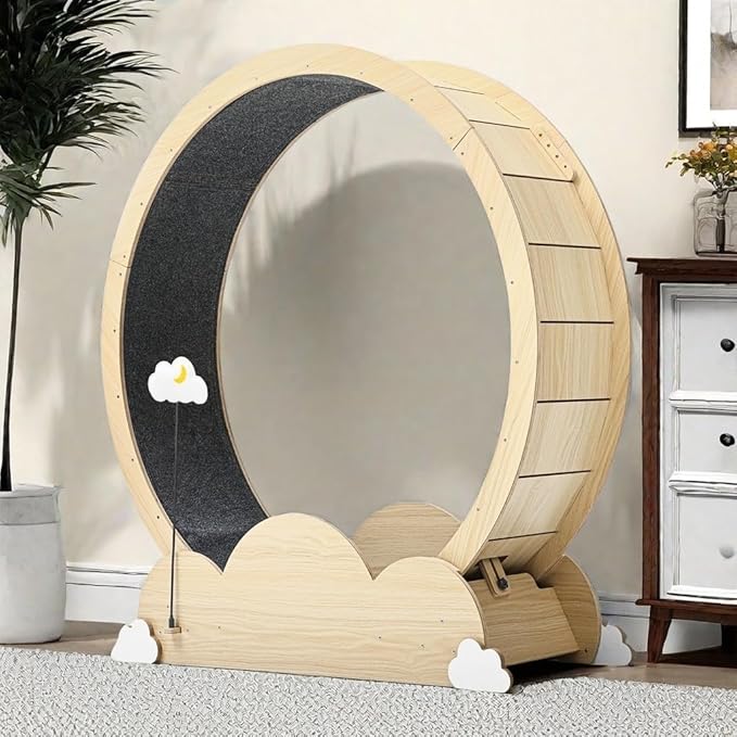 DWVO 37in Cat Exercise Wheel for Indoor Cats with Locking Mechanism, Natural Solid Wood Sturdy Cat Treadmill Wheel with Detachable Carpet, Suitable for Most Cats - PAWPICO