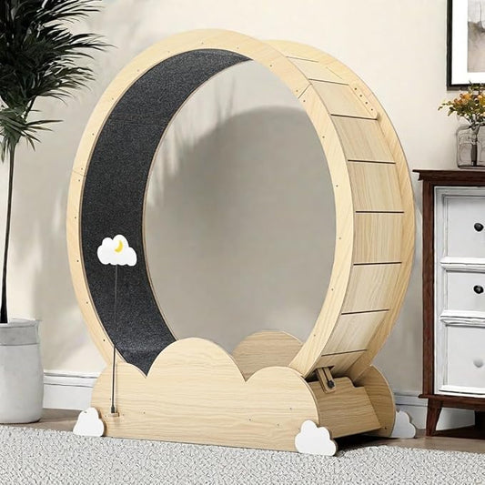 DWVO 37in Cat Exercise Wheel for Indoor Cats with Locking Mechanism, Natural Solid Wood Sturdy Cat Treadmill Wheel with Detachable Carpet, Suitable for Most Cats - PAWPICO