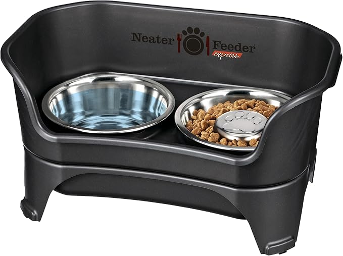 Neater Feeder - Express Model w/ Slow Feed Bowl - Mess-Proof Dog Bowls (M/L, Black) Made in USA – Elevated, No Spill, Non-Tip, Non-Slip, Raised Stainless Steel Food/Water Pet Bowls Aid Digestion - PAWPICO