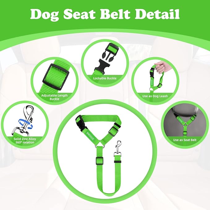 BWOGUE 2 Packs Dog Cat Safety Seat Belt Strap Car Headrest Restraint Adjustable Nylon Fabric Dog Restraints Vehicle Seatbelts Harness Green BWOGUEPetHome