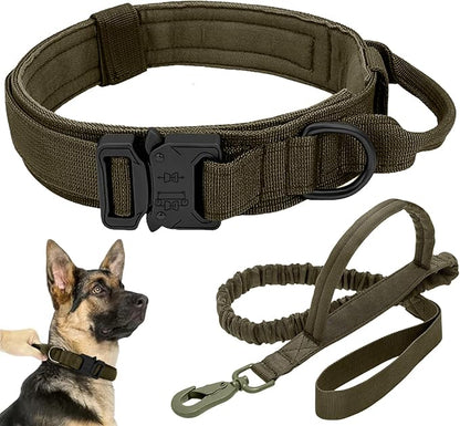 Tactical Dog Collar Leash Set, Adjustable Military Training Nylon Collar Dog Training with Control Handleand Metal Buckle, Dog Collar for Medium Large Dogs (Green,XL) ANTSWISH