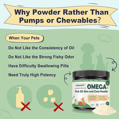 Omega 3 Fish Oil for Dogs, Dog Fish Oil Powder, Wild Caught Fish Oil, EPA&DHA, Krill Oil, Kelp, Dog Skin and Coat Supplement, Anti Itch & Shedding, Support Dry Skin, Joint Health, Dog Allergy Relief ZEBORA